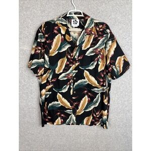 Vintage HILO HATTIE Hawaiian Shirt Mens Large Black Floral Tropical Leaves